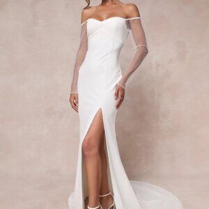LULUS Eternally Beloved White Mesh Off-the-Shoulder Pearl Maxi Dress NWOT